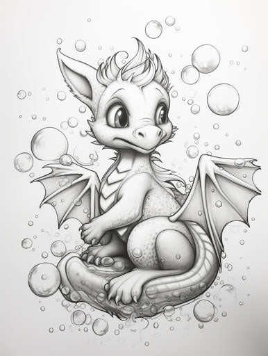 Adorable dragon on foam bubble, realistic with intricate linework.