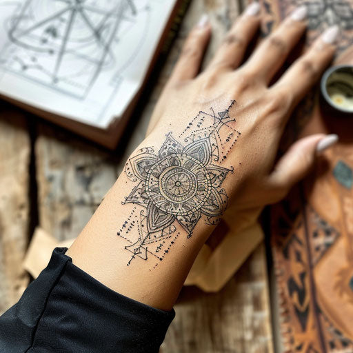 Sketch of a detailed mandala tattoo with geometric patterns for women's wrist coverup