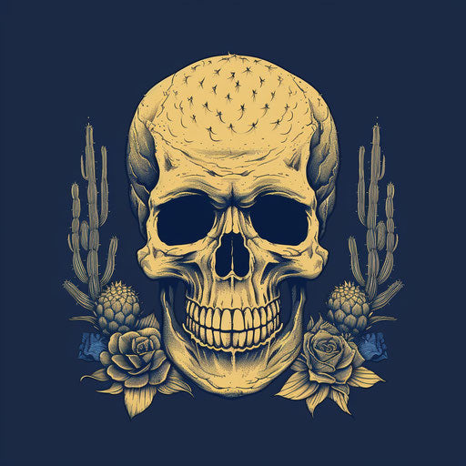 Blue ink cactus and skull logo, golden age illustr. style, surreal