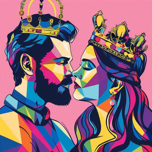 Pop art tattoo sketch of a king and queen with vibrant color blocks in clipart flat style