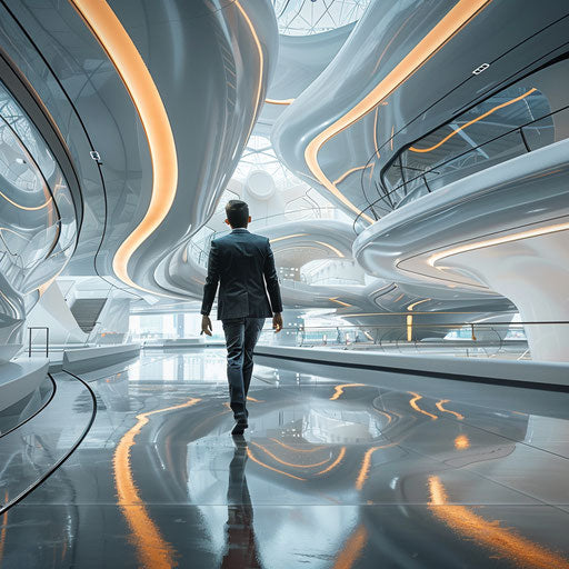 A businessman walking in a modern tech hub