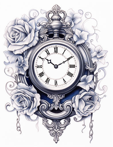 Rococo-inspired pocket watch drawing in black and white