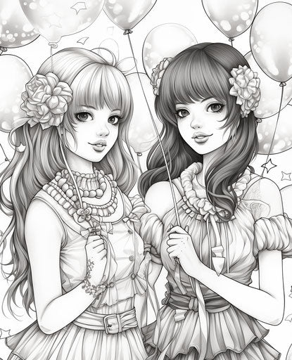 Two cartoon girls with balloons, vintage coloring pages