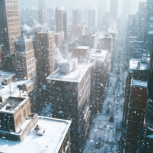 Winter view of a snow-covered metropolis from a rooftop