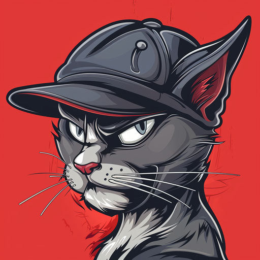 Whimsical flat tattoo sketch of a cartoon Russian mafia cat with cap, bright greys and reds