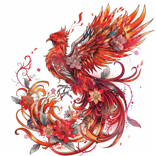 Japanese phoenix tattoo with fiery floral elements