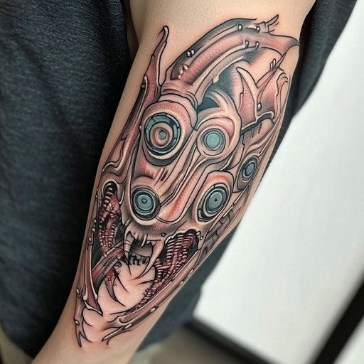 Biomechanical inner arm tattoos with gears and wires