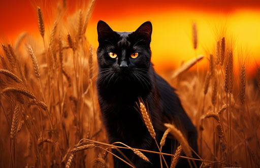 Black cat in red yellow grass, dark emerald and light green