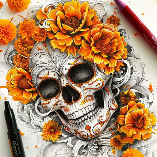 Dynamic flat tattoo sketch of a Calavera surrounded by swirling marigold flowers