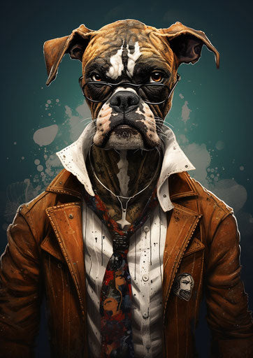 Boxer print artwork, edgy caricature style, steelpunk, caninecore, hd, caricature faces 5:7