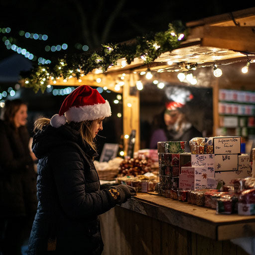 Bustling Christmas fair stall, vendor in Santa hat with twinkling lights