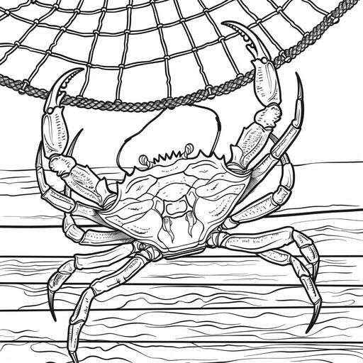 A crab climbs a fishing net hanging off a dock.