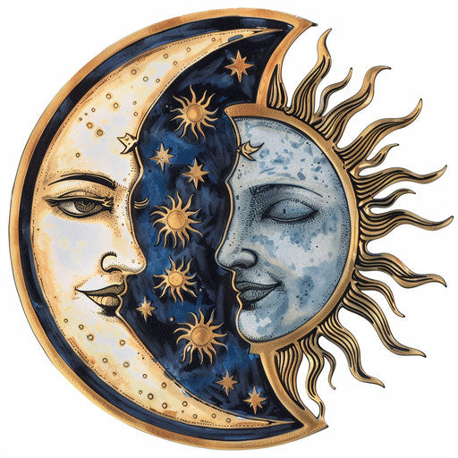Sun and moon clipart in photo realistic style with a flat random background, glossy finish and sharp outlines