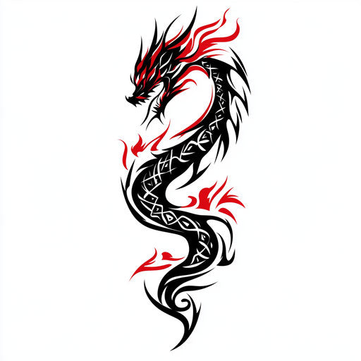 Tribal dragon tattoo sketch with bold red and black fire on white