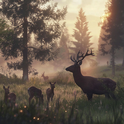Nature scene with a family of deer grazing in a misty meadow