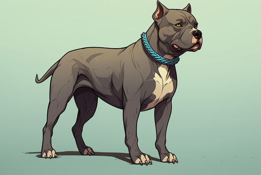 Leashed pit bull in dark cyan and brown style