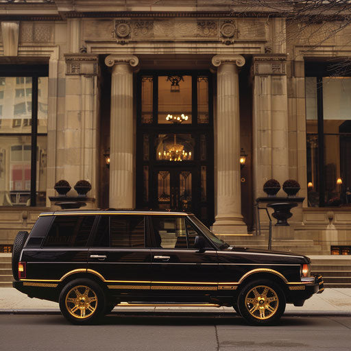 Luxury 1993 Range Rover with gold trim and custom leather interiors parked outside a prestigious hotel
