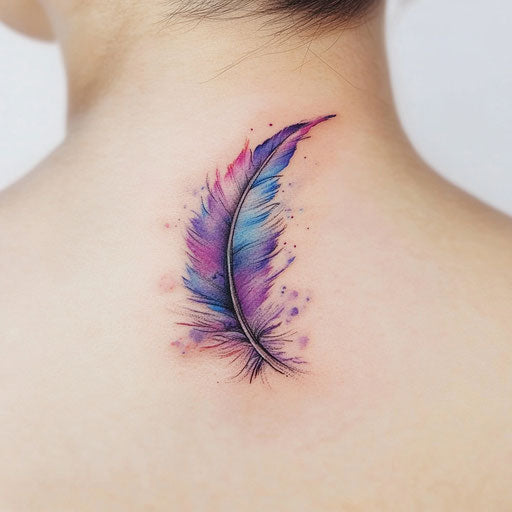 single feather watercolor neck tattoo sketch for men