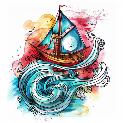 Modern flat tattoo sketch with boat and colorful stylized waves