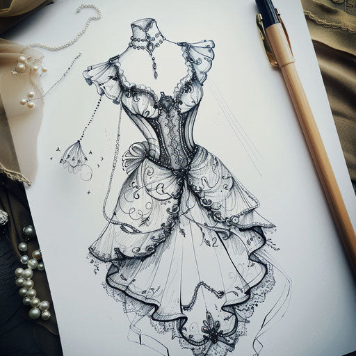 Sketch of wedding dress with lace details and pearls