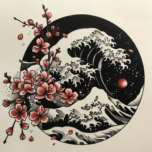 Traditional Japanese style flat tattoo sketch for 13 tattoo with cherry blossoms and waves