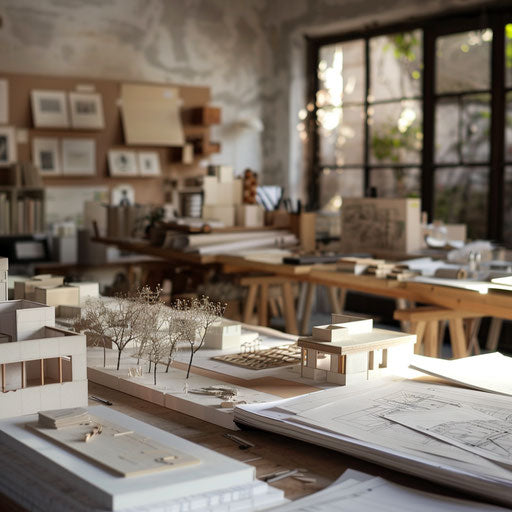 Serene architect's studio with blueprints and models in blue