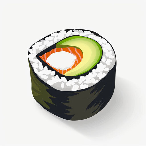 Sushi with salmon and avocado on roll, cartoon style