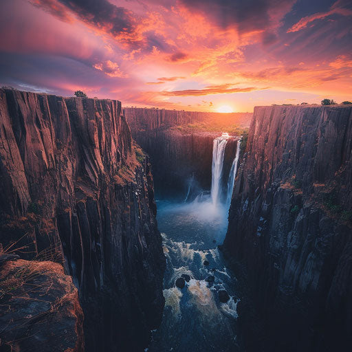 Victoria Falls under a vibrant sky with rugged cliffs
