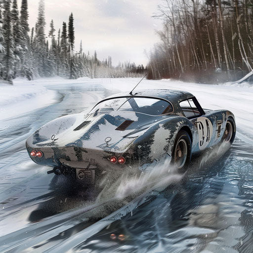 Ice racing Shelby Daytona with spiked tires across frozen lake