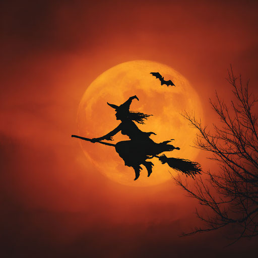 A witch flying against a full orange moon
