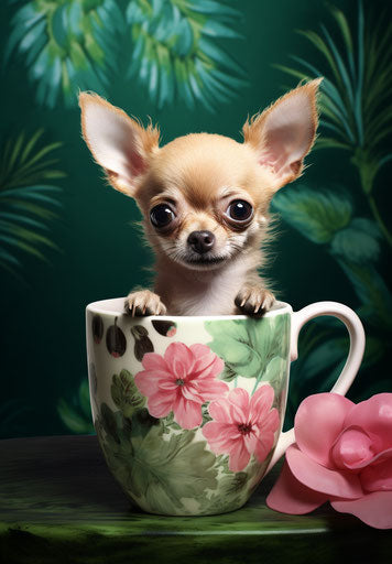 Chihuahua dog in green mug, tropical symbolism style