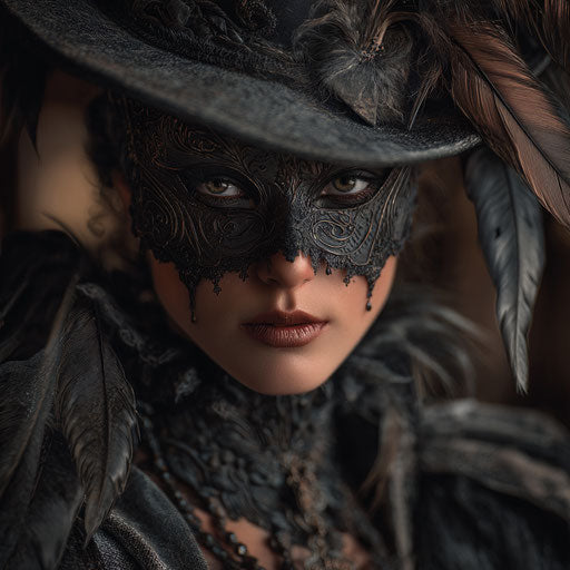 Elegant woman in dark attire with an ornate mask