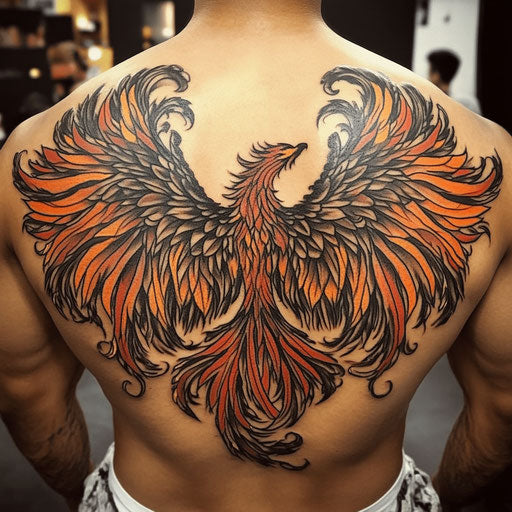 Wings tattoo on back with fiery phoenix wings