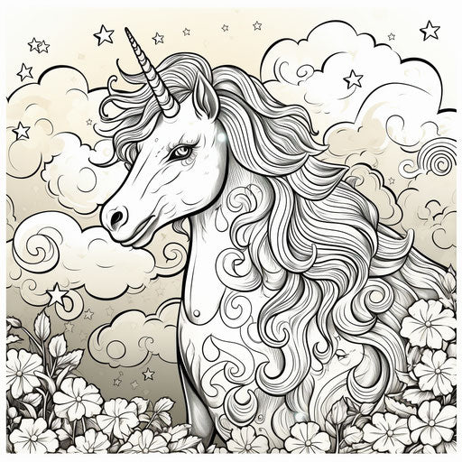 Unicorn coloring page, rainbowcore style, captivating, recycled, black and white, cute and dreamy, sky-blue and red, grainy