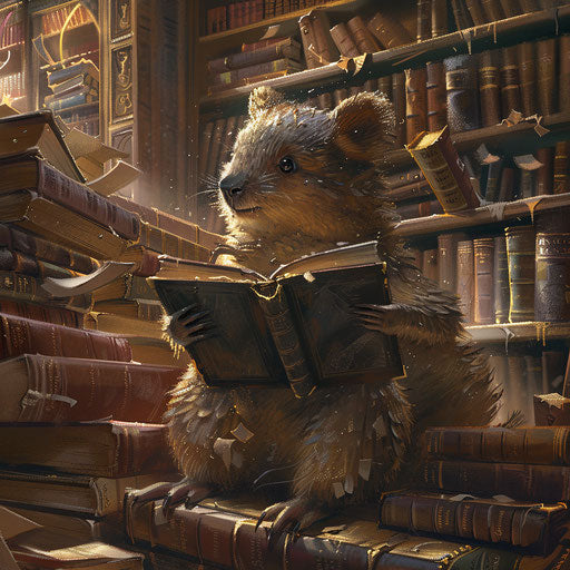A quokka as a librarian in a grand library