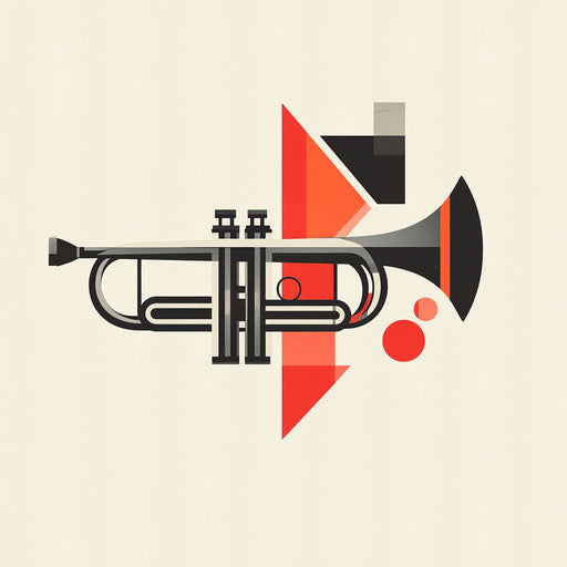 Modern music logo with a unique stylized trumpet and professional typography, in vibrant red and gray on flat cream background