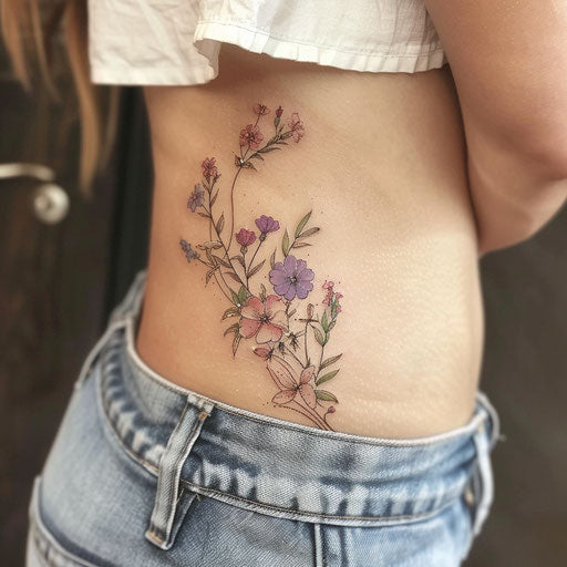 Wildflower ribcage tattoo, trailing design, soft pinks and purples, delicate