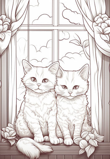 Two cats sitting in a window coloring page