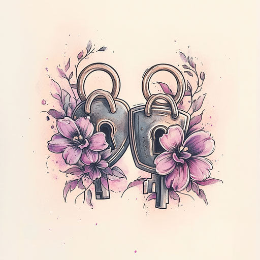 Tattoo sketch for cute couple, matching lock and key designs in soft tones
