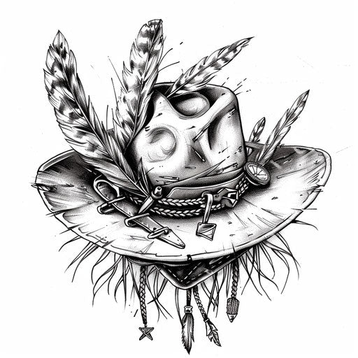 Flat tattoo sketch of an adventurer's hat with feathers and pins collected along journeys