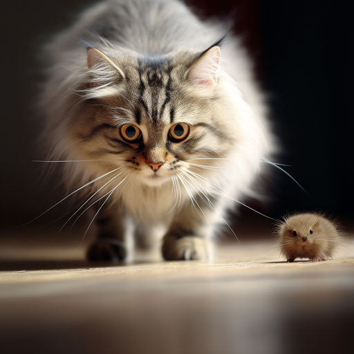 A Siberian cat chasing a mouse