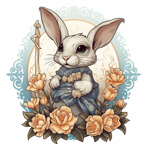 Easter bunny with banner and flower in tattoo style