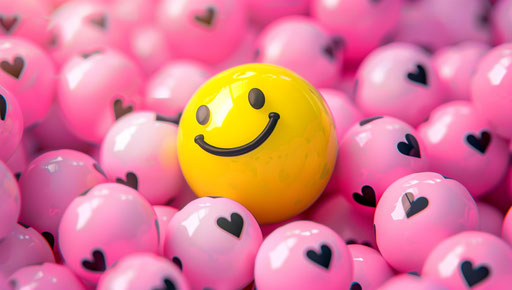 Cute yellow ball surrounded by pink and white balls