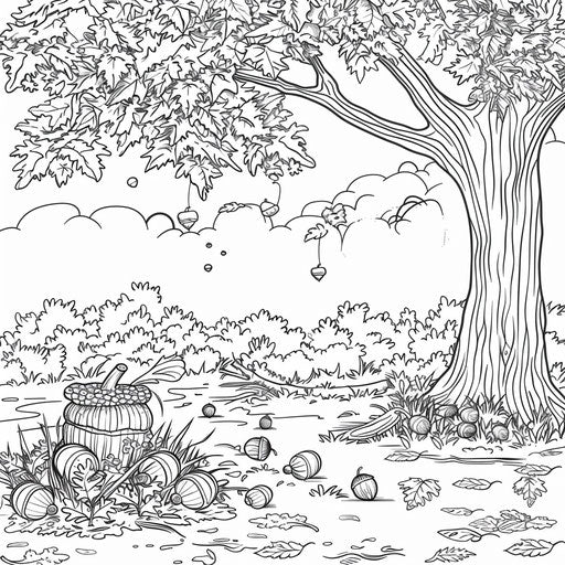 Whimsical scene of acorns dancing under a tree