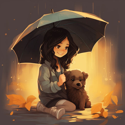 Attractive girl holding umbrella and dog