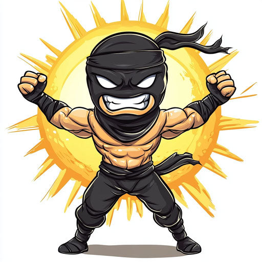 Humorous caricature of a ninja with human characteristics next to a smiling sun
