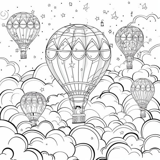 Hot air balloon race in the clouds - Coloring book page