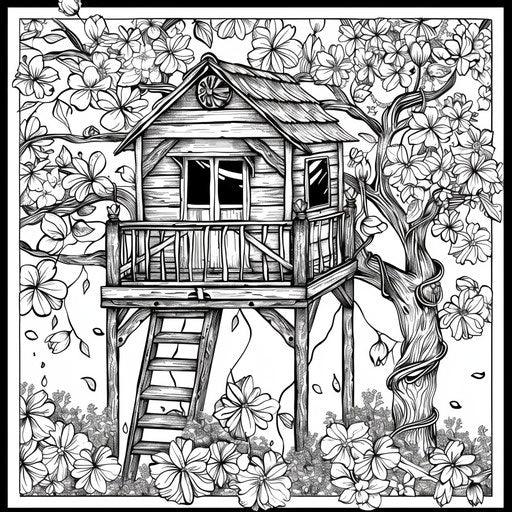 Treehouse surrounded by blooming trees