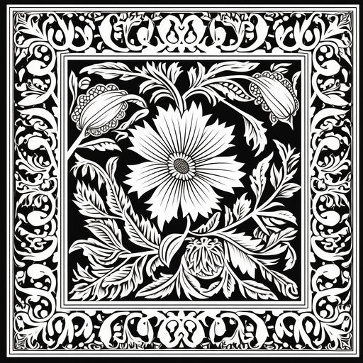 Black and white coloring page with ethnic Victorian engraving design