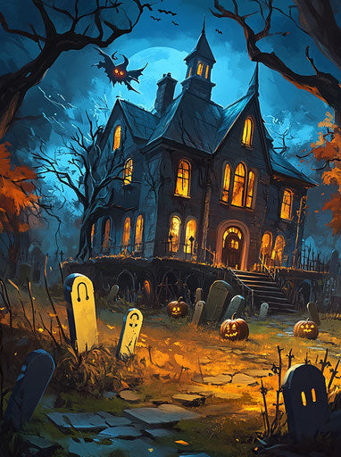 Haunted house with ghosts, lanterns, and pumpkins